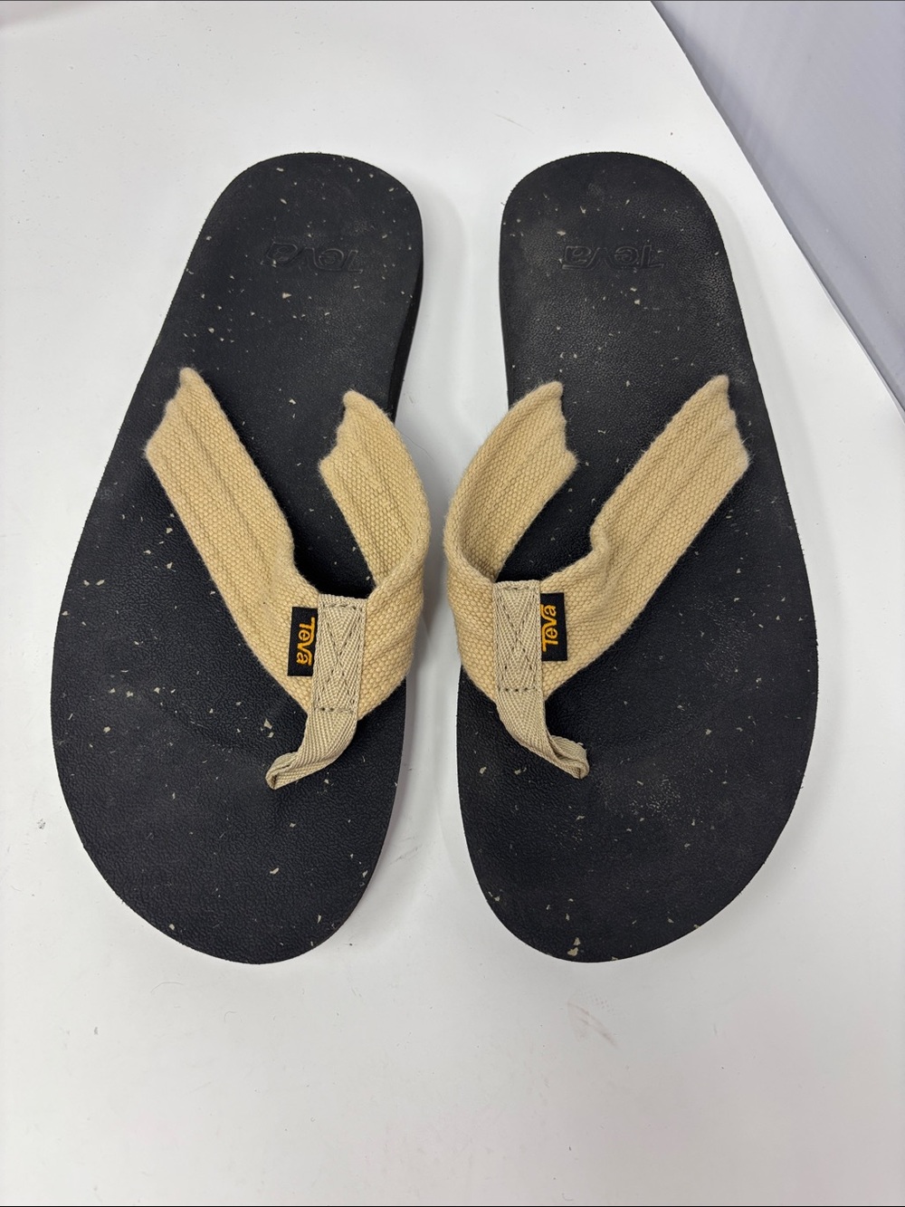Teva | Black Footbed Flip Flops with Tan Fabric Straps 11